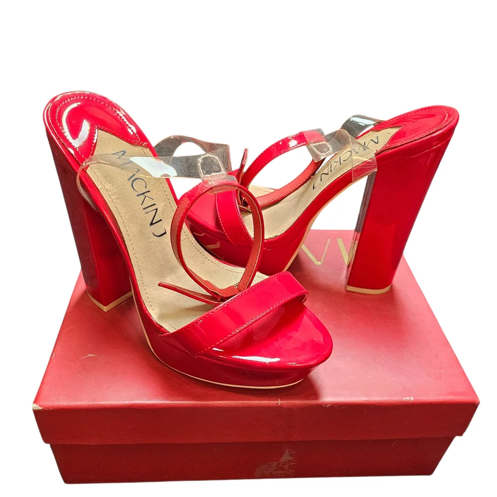 Mackin J Red Patent Open Toe Ankle Strapped Platform Chunky Heels Size 8